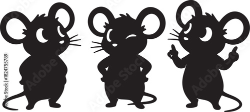 Three playful black silhouette mice characters in different poses on a white background mouse rodent on transparent background