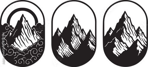 Three Stylized Mountain Peaks in Oval Frames with Clouds and Rainbow on White Background Keywords: mountain, peak, range, landscape, nature, silhouette, oval, frame, cloud, on transparent background