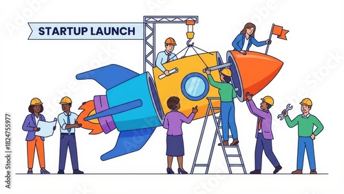 Business team building rocket together flat vector illustration.