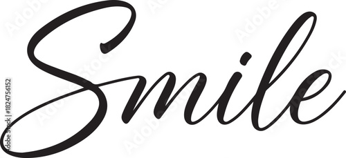 Black cursive script text Smile on a white background Keywords: smile, happiness, joy, positive, emotion, facial expression, script, cursive
