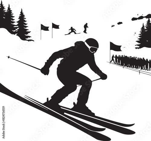 Silhouette illustration of skier competing in a winter sports event