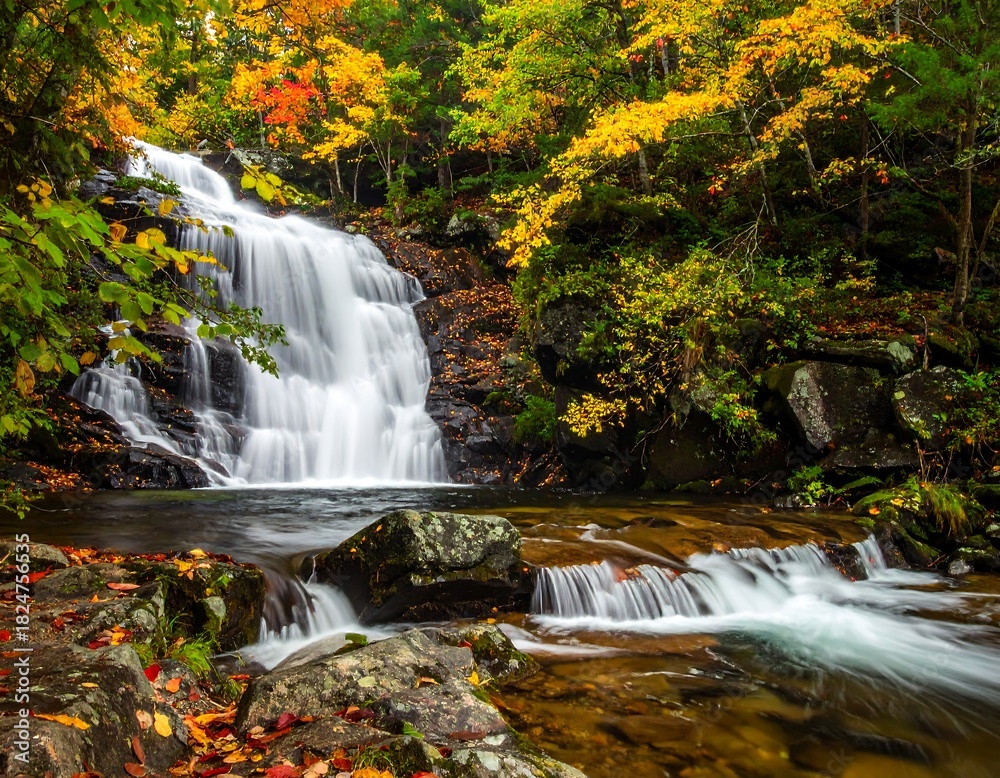 Obraz premium Scenic Waterfall in Autumn Forest - A Tranquil Landscape.