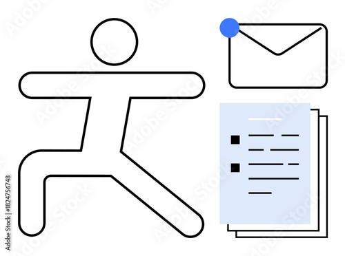 Person in yoga pose symbolizing work-life balance beside email notification and documents, representing productive yet healthy task management. Ideal for productivity, wellness, lifestyle, health