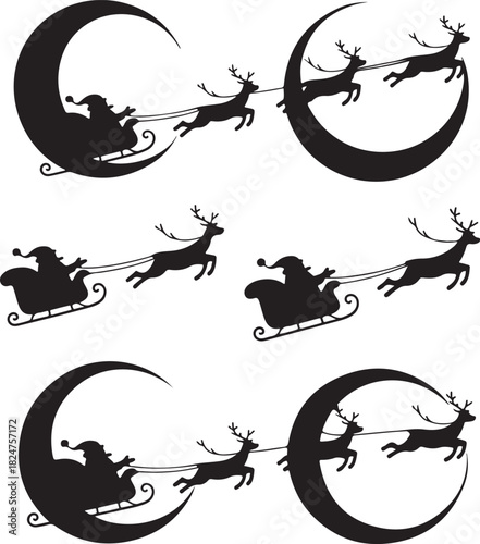 Silhouette Santa Claus in sleigh with reindeer moon winter illustration
