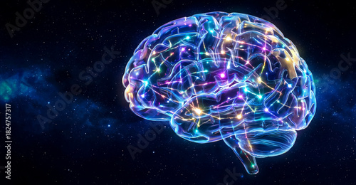 complexity of thought, demonstrated through a glowing brain assembled from puzzle pieces against a vibrant cosmic backdrop, projects brains as imagery for innovative themes