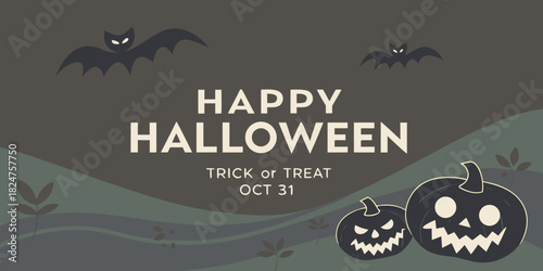 happy halloween trick or treat greeting with bats and glowing jack o lantern pumpkins
