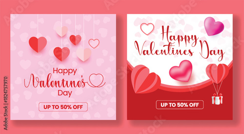 Trendy Valentine’s Day sale romantic social media post bundle with floating hearts, minimal banner, elegant square flyer poster, and modern web banner creative vector layout design