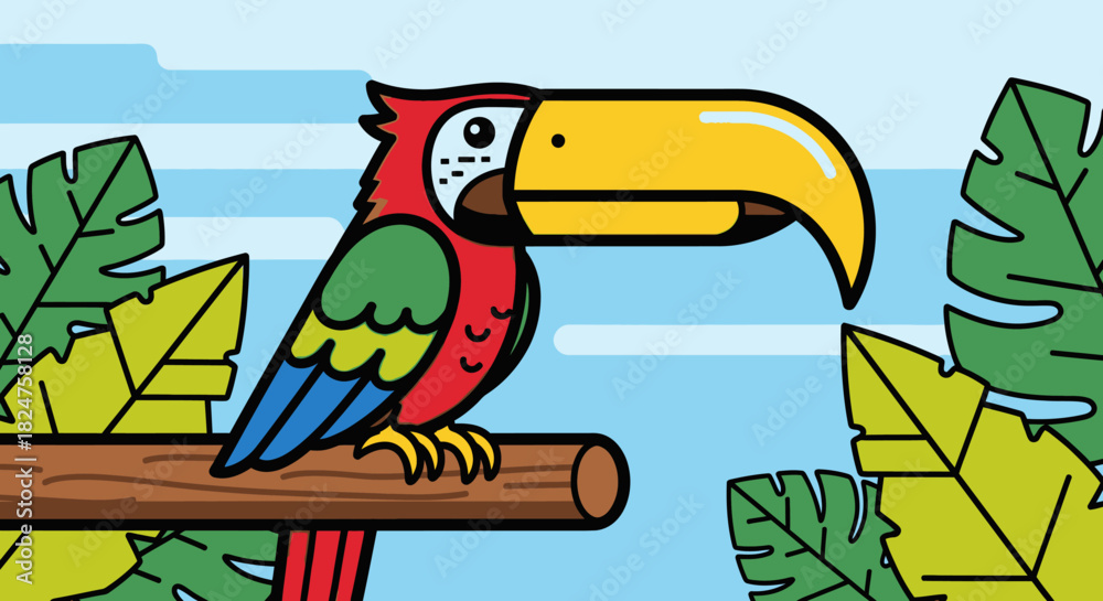 Obraz premium Vibrant Cartoon Toucan Bird Perched on a Tree Branch in Tropical Jungle
