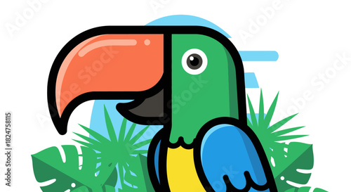 Colorful Cartoon Parrot Head with Tropical Leaves in Bright Studio