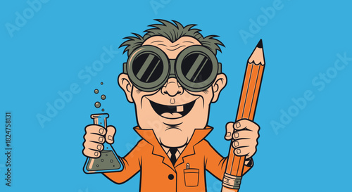Eccentric Cartoon Scientist Man Holding Test Tube and Pencil with Enthusiastic Expression in Bright Studio