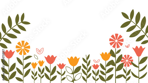 Floral border background with colourful abstract flowers and green leaves for spring greeting card or nature poster design
