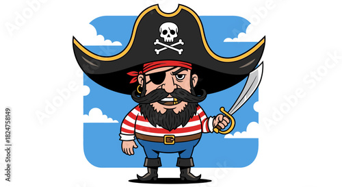 Confident Cartoon Pirate Holding a Cutlass Standing Proudly in Blue Sky