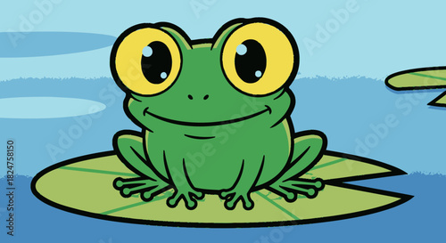Sweet Cartoon Frog Sitting Peacefully on a Lily Pad in a Pond