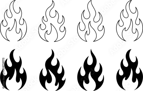 Orange flame icon set with stylized burning elements