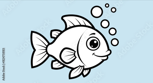 Cute cartoon fish swimming happily with bubbles in clear light blue water, black and white outline drawing.