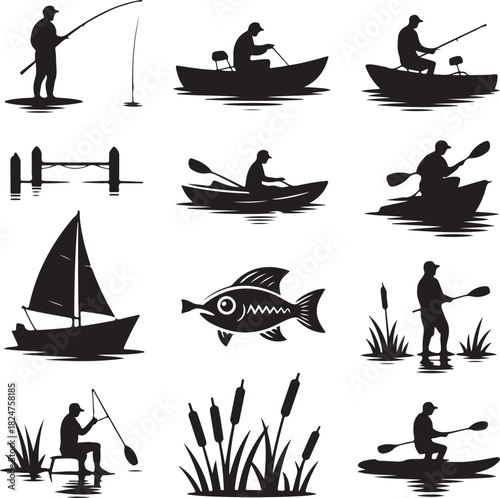 Silhouette vector collection of people enjoying water activities and fishing