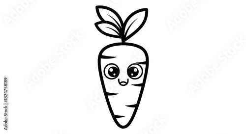 Cute cartoon carrot character standing and smiling happily, isolated white background, black and white outline drawing.
