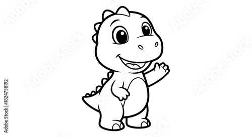 Cute baby dinosaur standing and waving cheerfully, isolated white background, black and white outline drawing.