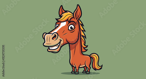 Adorable brown cartoon horse standing gracefully on a solid green background with a friendly expression.