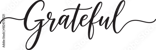 Black script calligraphy word Grateful with flowing flourishes on white text