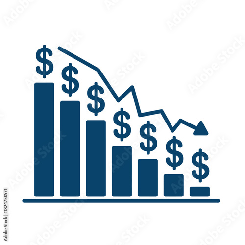 A downward trending graph with dollar signs indicates financial decline and economic downturn.