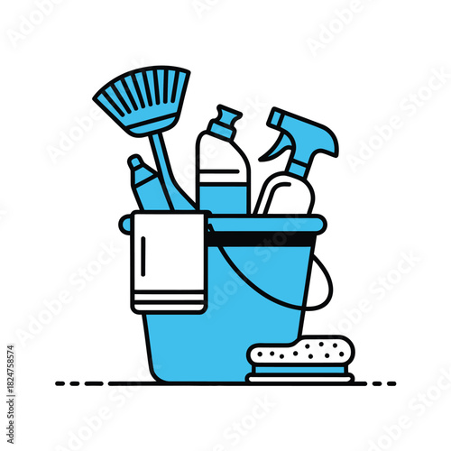 A bucket filled with cleaning supplies including a broom, sprays, and a sponge.