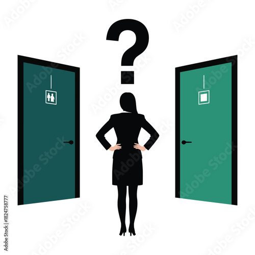 A woman stands between two doors, pondering which path to choose.