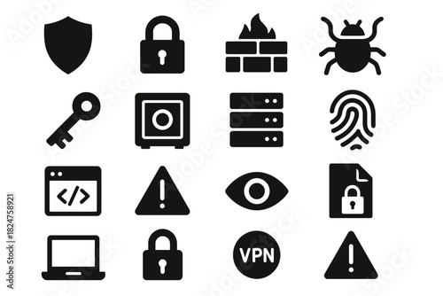 Cybersecurity icons: shield, lock, firewall, bug, key, safe, server, fingerprint