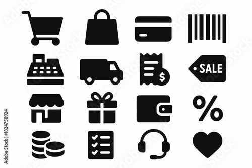 Shopping and retail icon set featuring cart, bag, card, and more