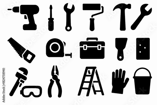 Silhouette icons of various hand and power tools on white background
