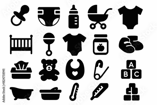 Baby essentials icons: bottles, pacifiers, strollers, toys, and clothing in black silhouette