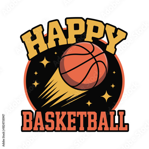 Happy basketball with stars and motion lines.
