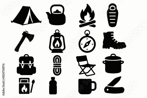 Essential camping icons: tent, campfire, backpack, compass, lantern, boots, more