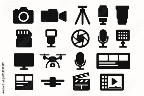 Photography and media equipment icons collection in black silhouette