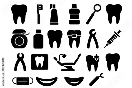 Dental care icons set: teeth, tools, and hygiene items in black