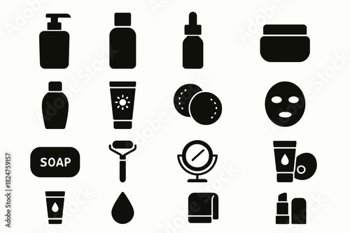 Skincare product icons: bottles, creams, masks, and accessories collection