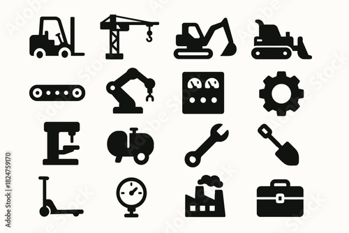 Construction and industrial icons: cranes, excavators, tools, and equipment