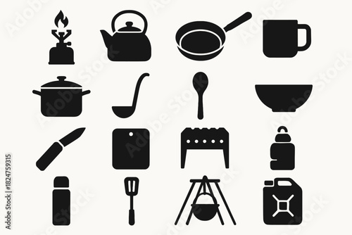 Kitchen utensil silhouettes: pot, pan, spoon, mug, kettle, and more
