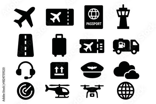 Black travel and aviation icons: plane, passport, luggage, pilot, helicopter