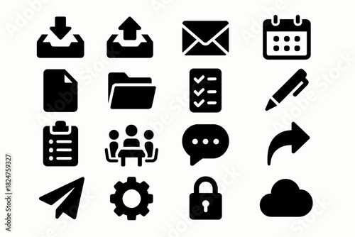 Set of 16 black office icons including inbox, calendar, pen, and cloud