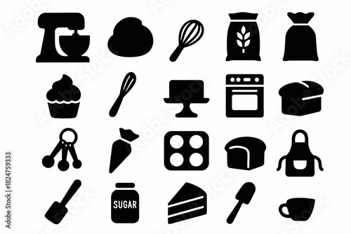 Icons of baking tools and ingredients: mixer, whisk, oven, cake, apron
