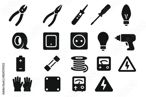 Set of electrical tools and icons in black silhouette style