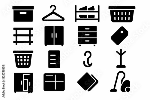 Collection of minimalist closet and storage icons in black and white