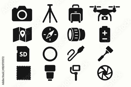 Photography and travel equipment icons set: camera, tripod, drone, lens, compass