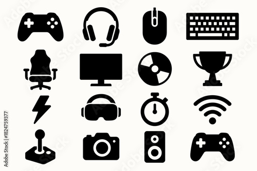 Gaming equipment icons: controller, headset, mouse, keyboard, and more
