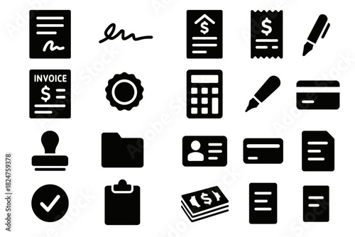 Business document icons: invoice, receipt, contract, calculator, id, credit card