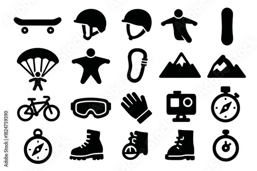 Extreme sports icons set featuring parachuting, climbing, and biking equipment