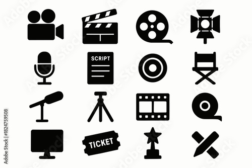 Film industry icons: camera, clapboard, microphone, director's chair, award