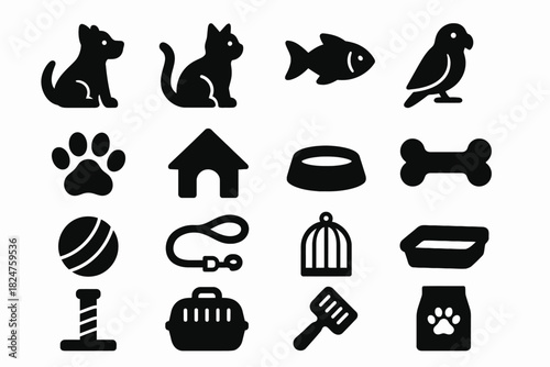 Silhouette icons of pet animals and accessories: dog, cat, fish, bird