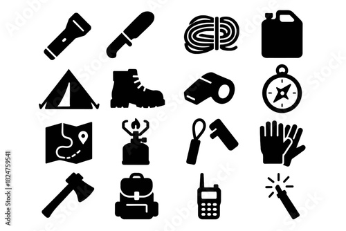 Silhouette collection of camping and outdoor adventure equipment icons